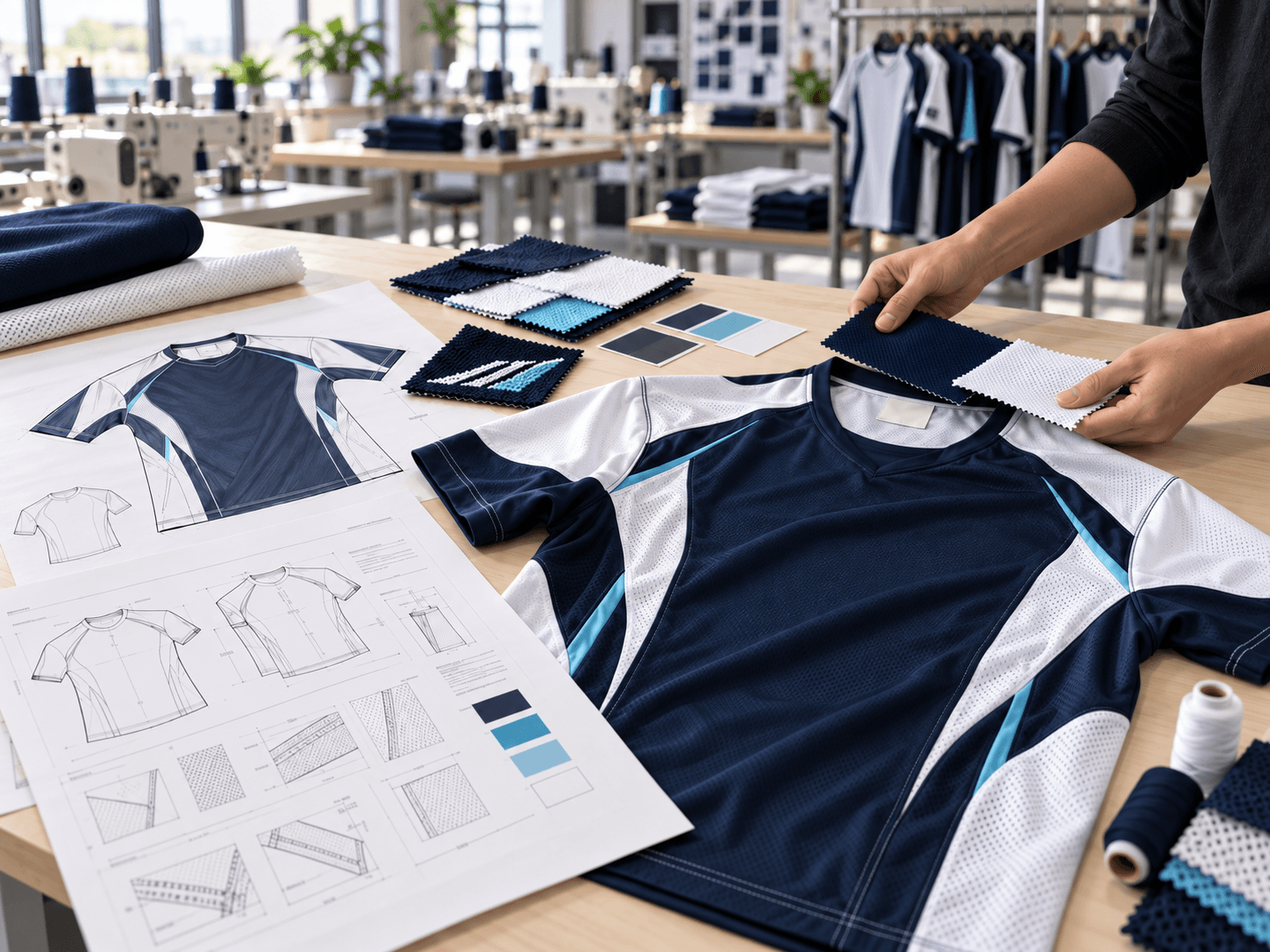 Sports jersey sample beside technical sketches and fabric swatches in an apparel design studio