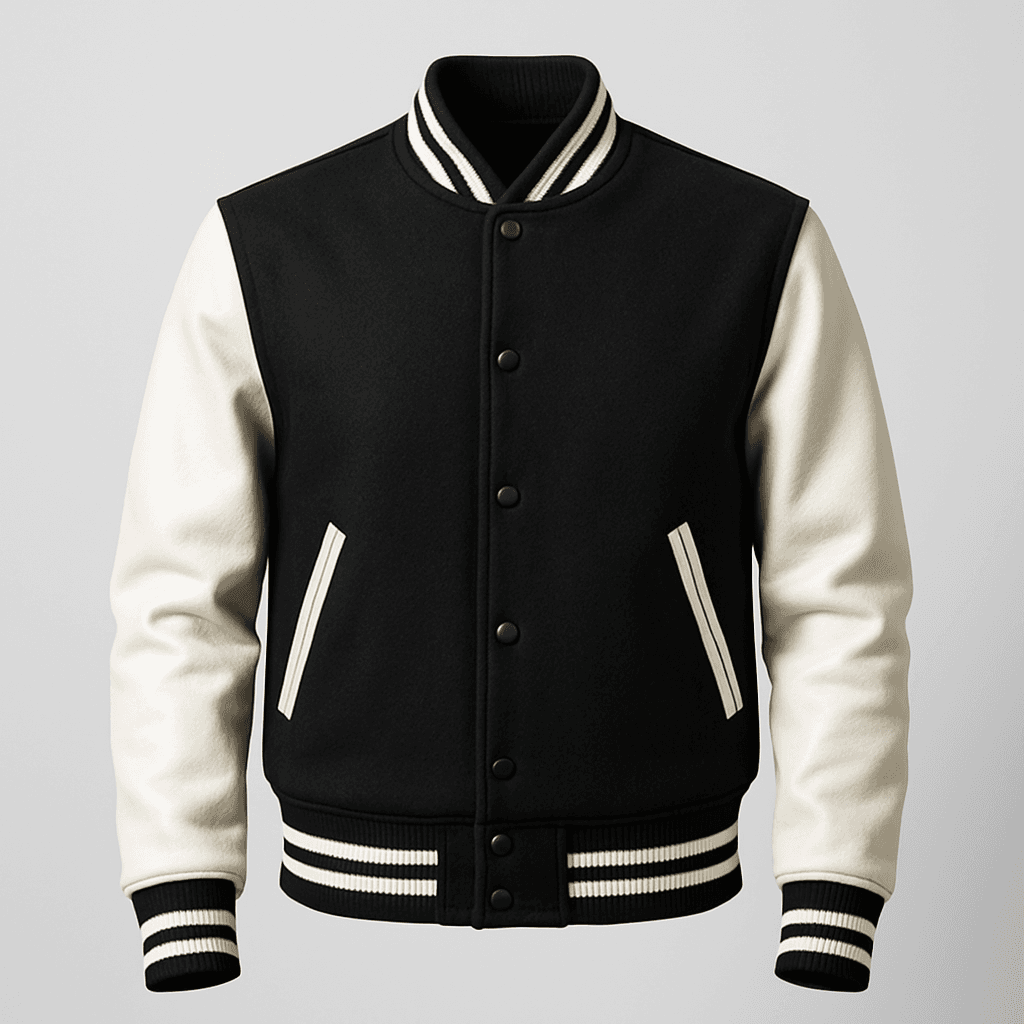 Premium Varsity Jacket - Black Wool & White Leather Sleeves product image 1