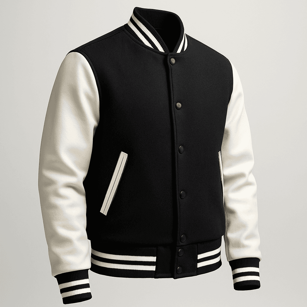 Premium Varsity Jacket - Black Wool & White Leather Sleeves product image 3
