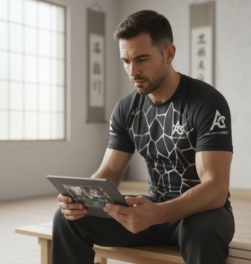 A team reviewing technical designs for custom racing apparel on a tablet