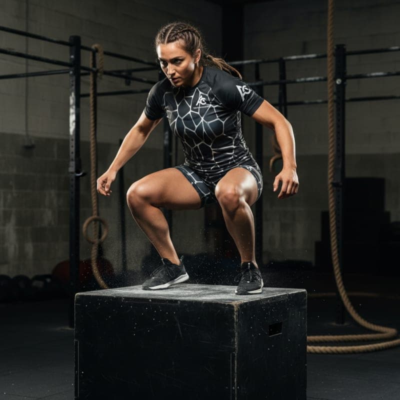 An athlete in mid-air during a powerful box jump, showcasing peak performance and athletic apparel