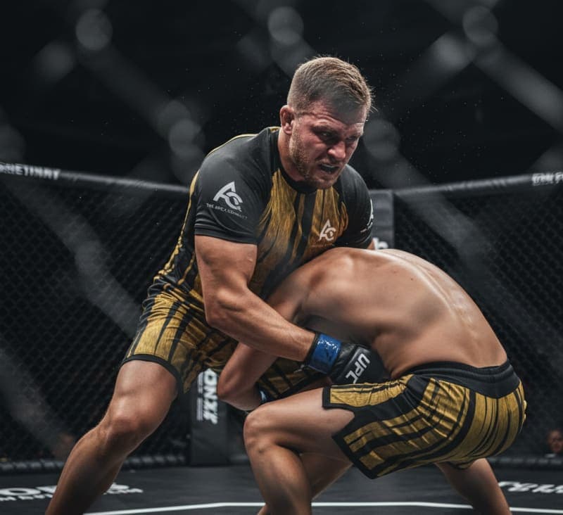Two athletes in a competitive grapple, showcasing the durability of sportswear under stress