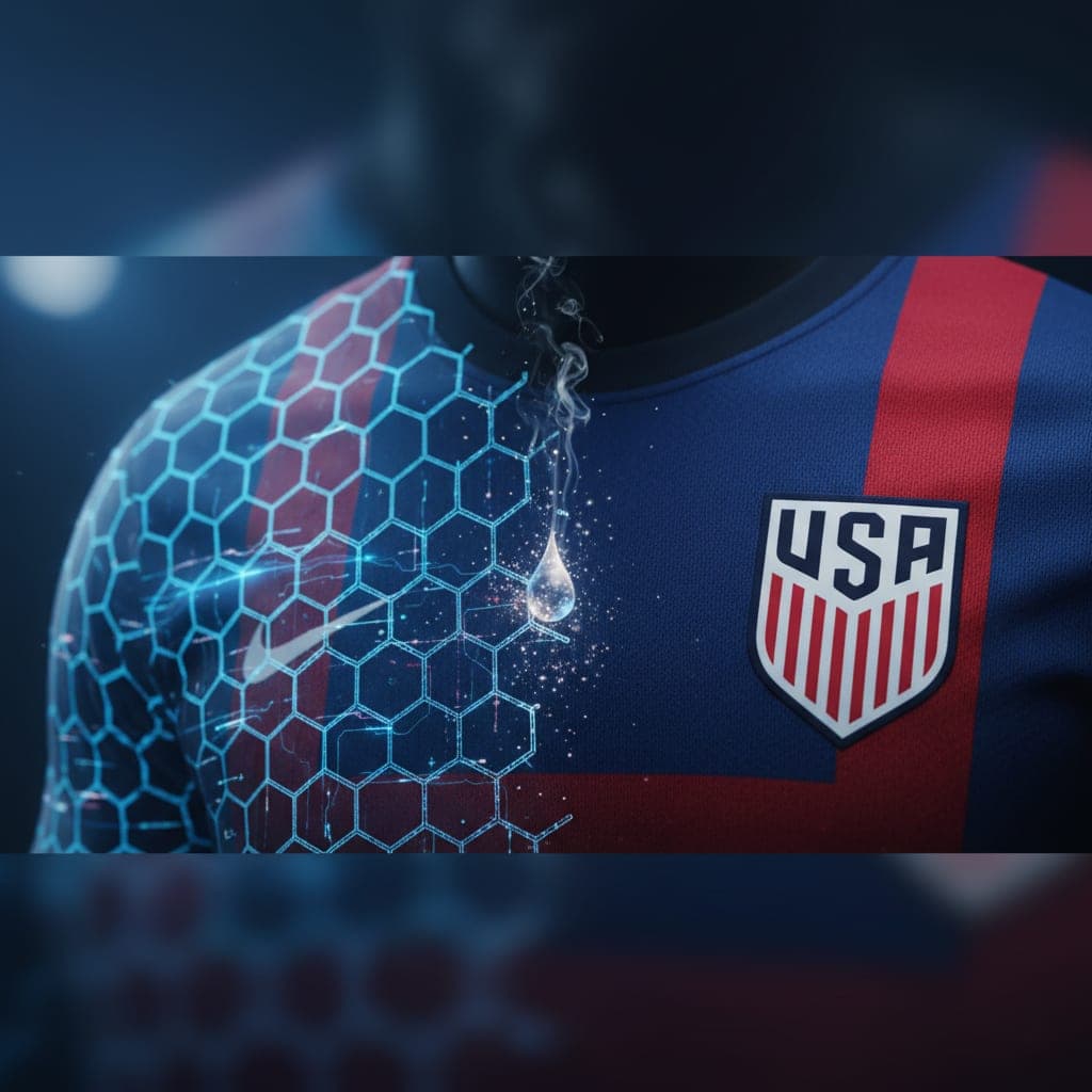 Close-up of a USA soccer jersey showing moisture-wicking technology with a holographic overlay.