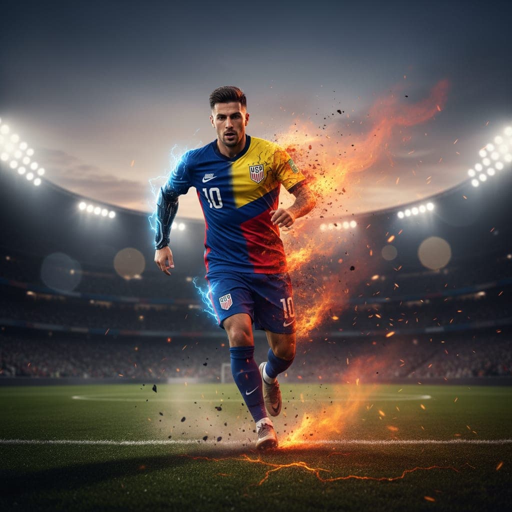 A soccer player split between a cool, technological side and a fiery, exhausted side, representing the battle against heat.