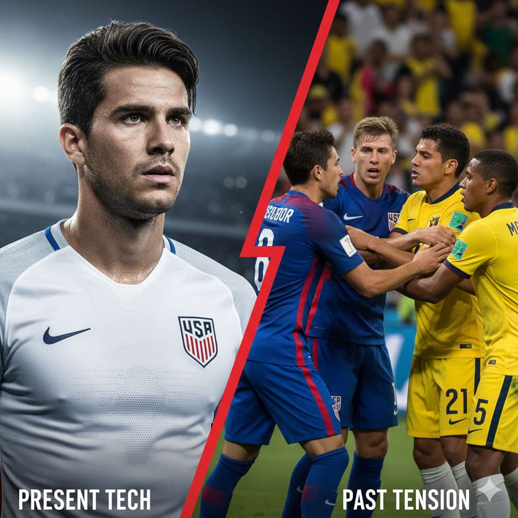 A heated confrontation between USA and Ecuador players, highlighting the rivalry's intensity.