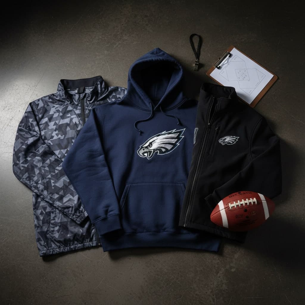 A collection of high-quality NFL sideline gear including hoodies and jackets