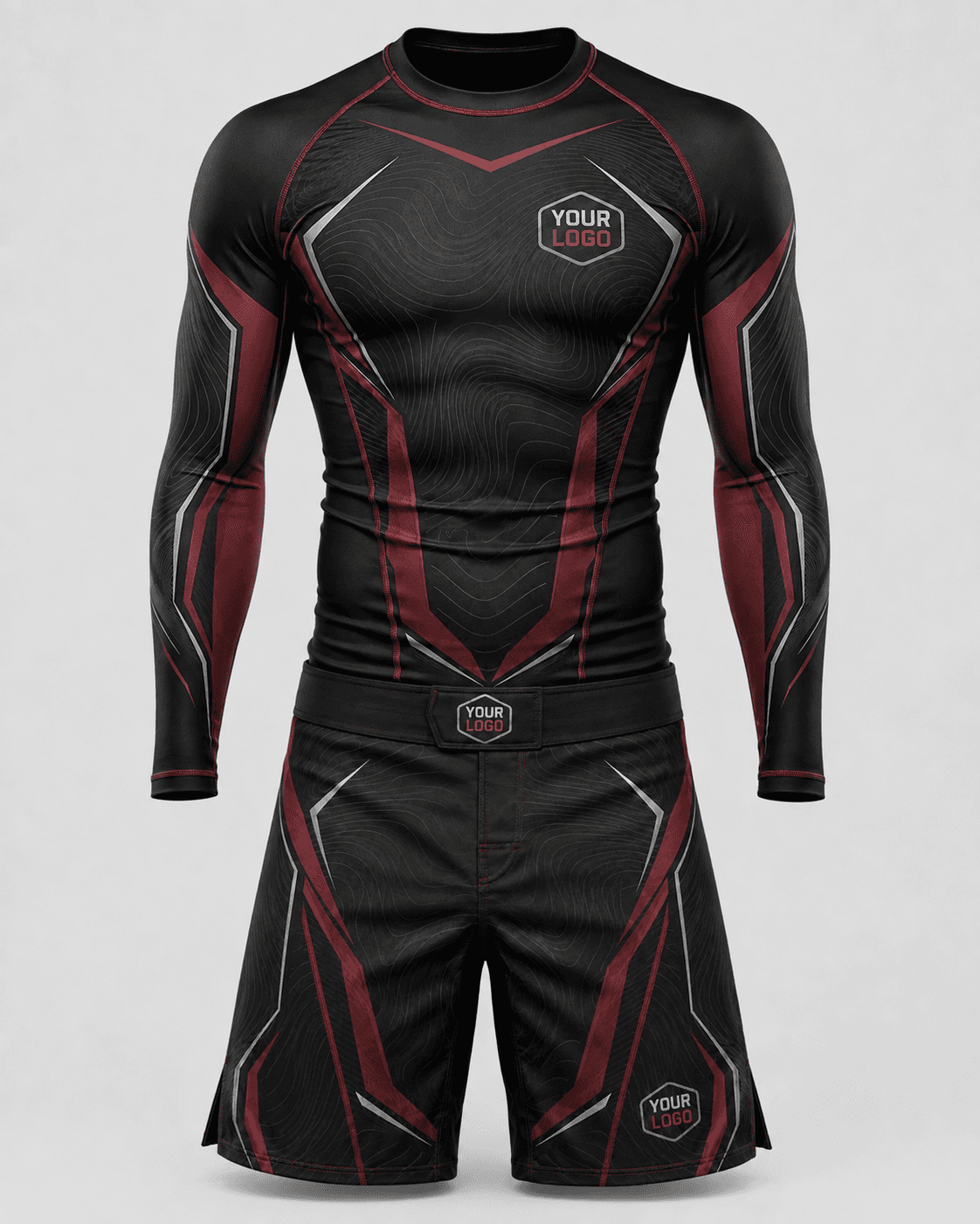 Custom Black and Red Rash Guard and Fight Shorts Set